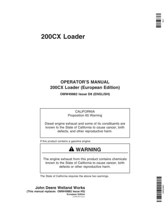 John Deere 200X & 200CX Loaders Operator’s Manual (OMW49882) Workshop Guide