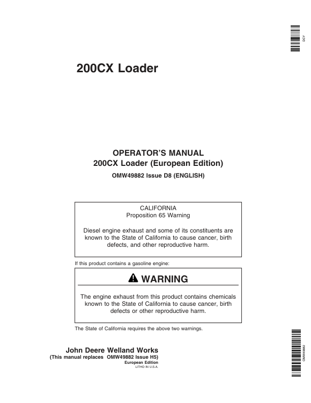 John Deere 200X & 200CX Loaders Operator’s Manual (OMW49882) Workshop Guide