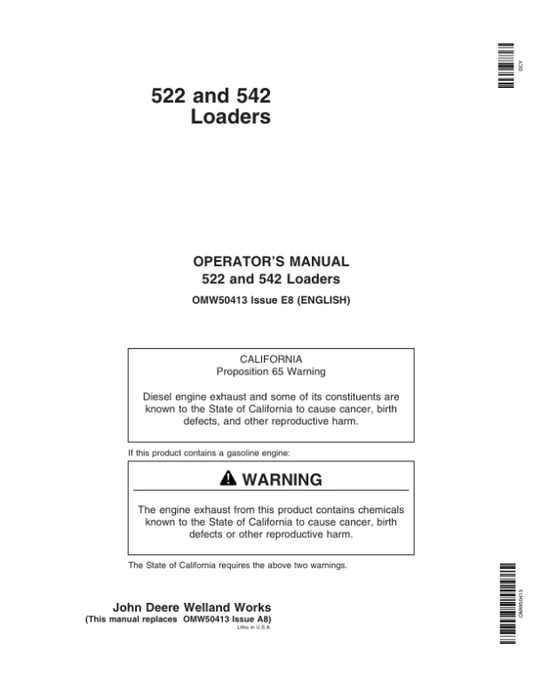 John Deere 522 & 542 Loaders Operator’s Manual (OMW50413) Workshop Guide