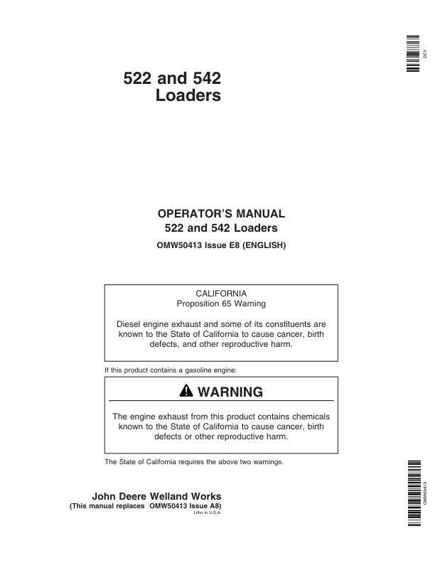John Deere 522 & 542 Loaders Operator’s Manual (OMW50413) Workshop Guide