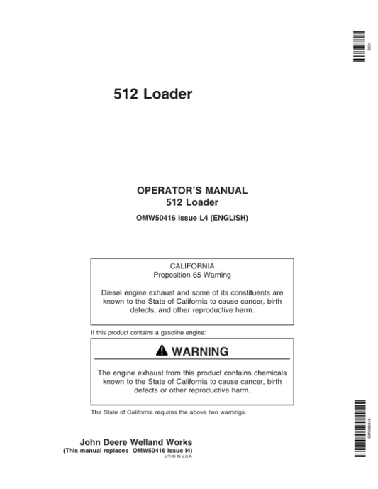 John Deere 512 Loaders Operator’s Manual (OMW50416) Workshop Guide
