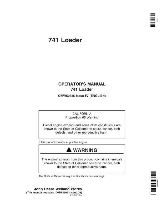 John Deere 741 Loader Operator’s Manual (OMW50425) Workshop Guide