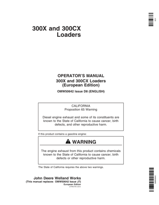 John Deere 300X & 300CX Loaders Operator’s Manual (OMW50642) Workshop Guide