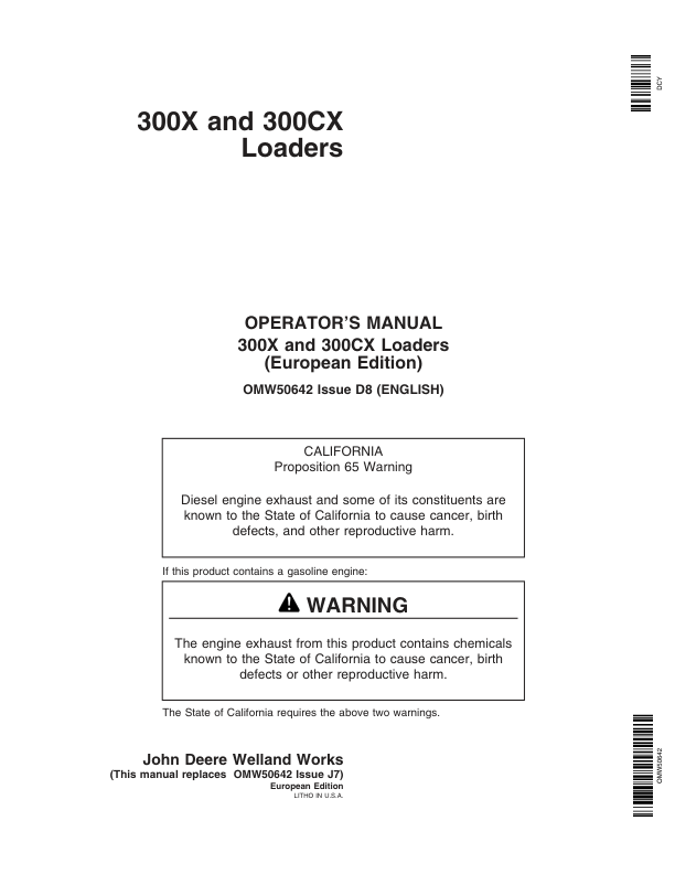 John Deere 300X & 300CX Loaders Operator’s Manual (OMW50642) Workshop Guide