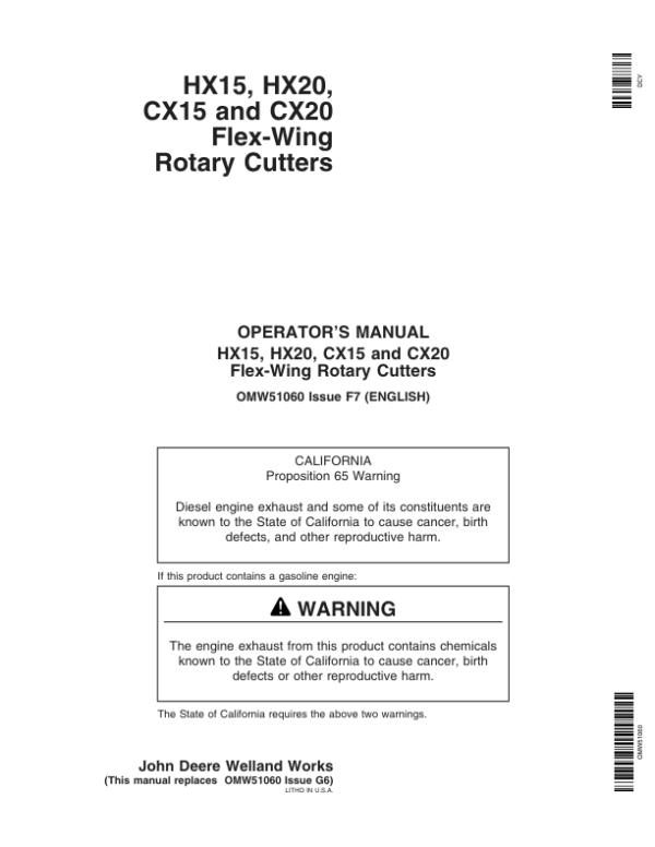 John Deere HX15, HX20, CX15 & CX20 Flex-Wing Rotary Cutters Operator’s Manual (OMW51060) Workshop Guide
