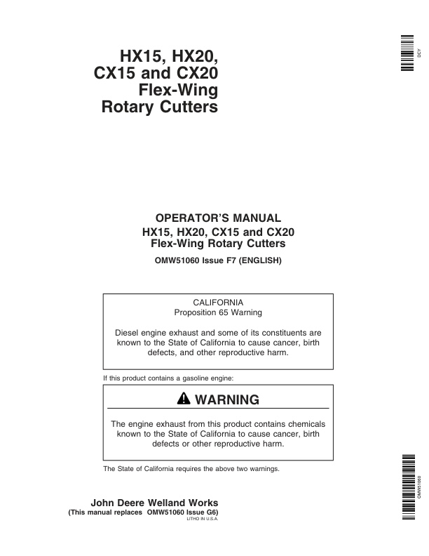 John Deere HX15, HX20, CX15 & CX20 Flex-Wing Rotary Cutters Operator’s Manual (OMW51060) Workshop Guide
