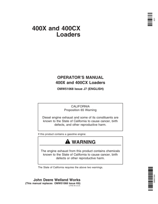 John Deere 400X & 400CX Loaders Operator’s Manual (OMW51068) Workshop Guide