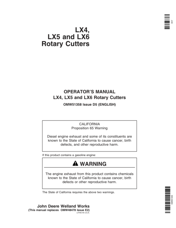 John Deere LX4, LX5, LX6 Rotary Cutters Operator’s Manual (OMW51358) Workshop Guide