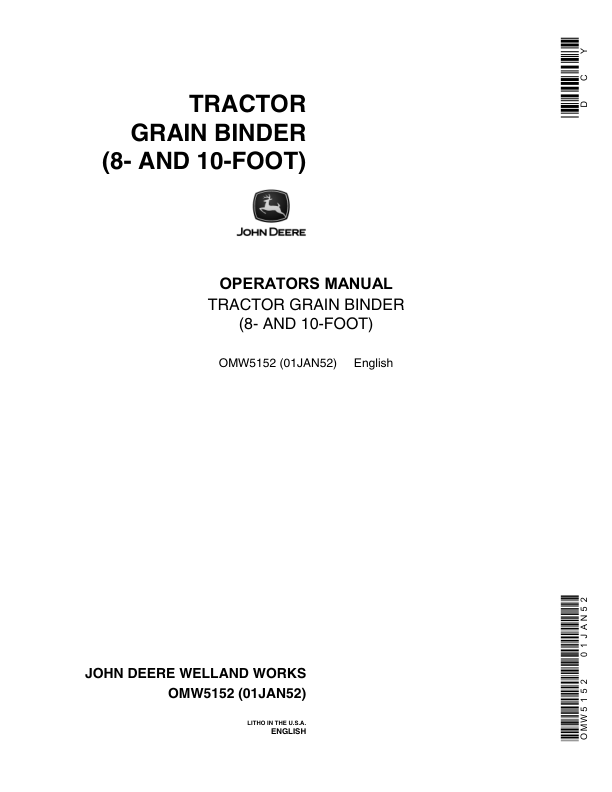 John Deere Tractor Grain Binder Operator’s Manual (OMW5152) Workshop Guide