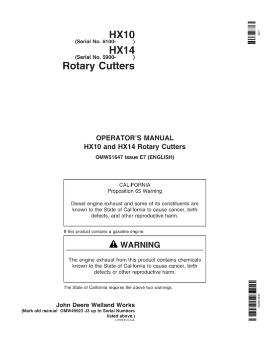 John Deere HX10 Rotary Cutters (006100-008599) HX14 Rotary Cutters (005900-007899) North America Operator’s Manual (OMW51647) Workshop Guide