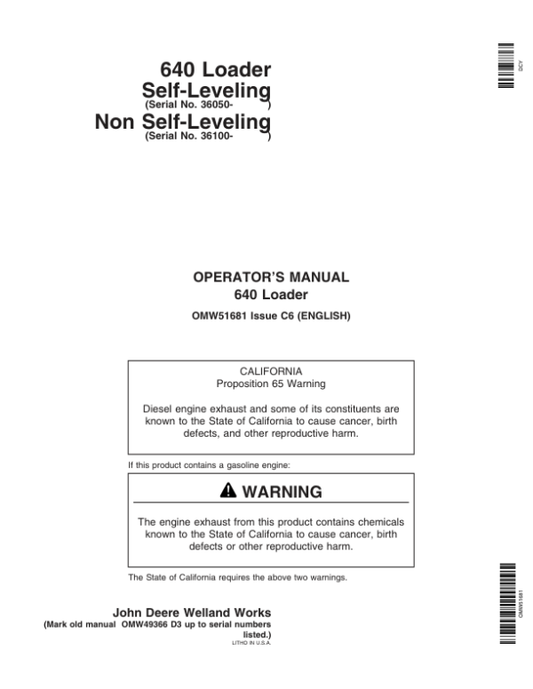John Deere 640 Standard (036100-), 640 Mechanical (36050-) Loaders Operator’s Manual (OMW51681) Workshop Guide