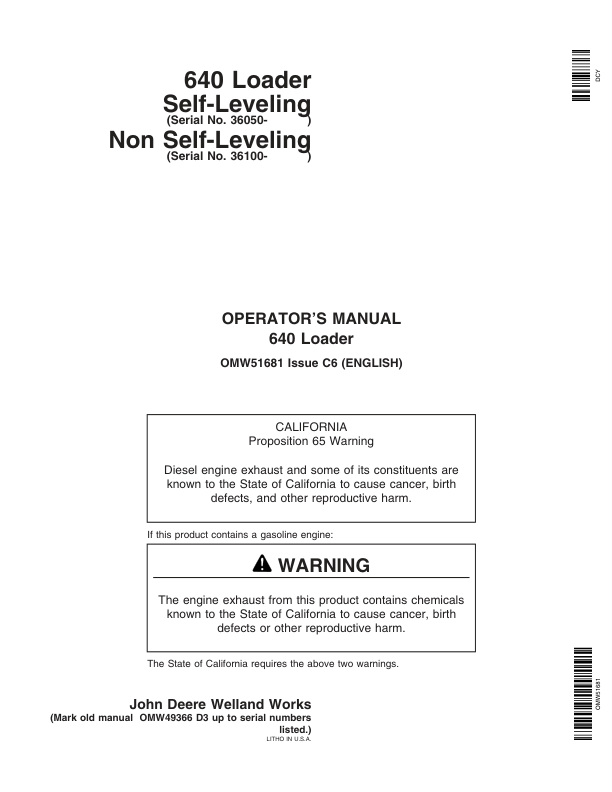 John Deere 640 Standard (036100-), 640 Mechanical (36050-) Loaders Operator’s Manual (OMW51681) Workshop Guide