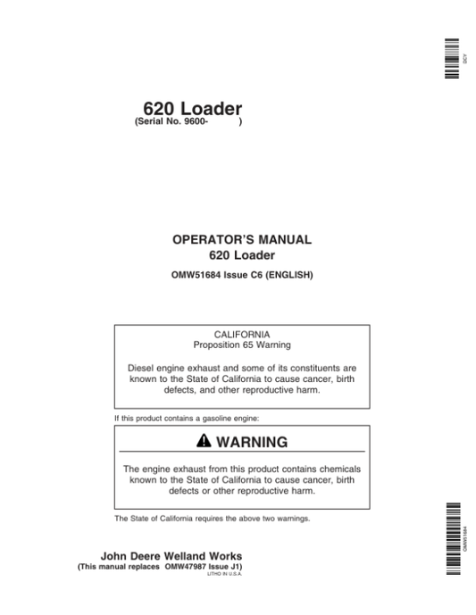 John Deere 620 Loader (009600-) Operator’s Manual (OMW51684) Workshop Guide
