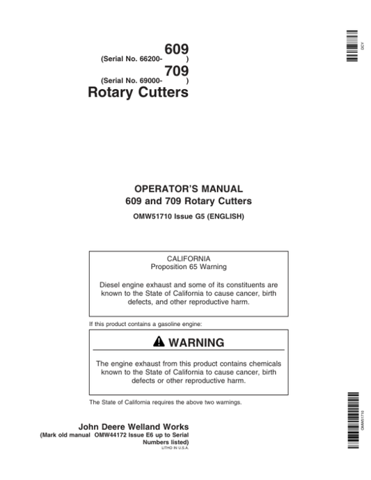 John Deere 609 & 709 Rotary Cutter Operator’s Manual (OMW51710) Workshop Guide