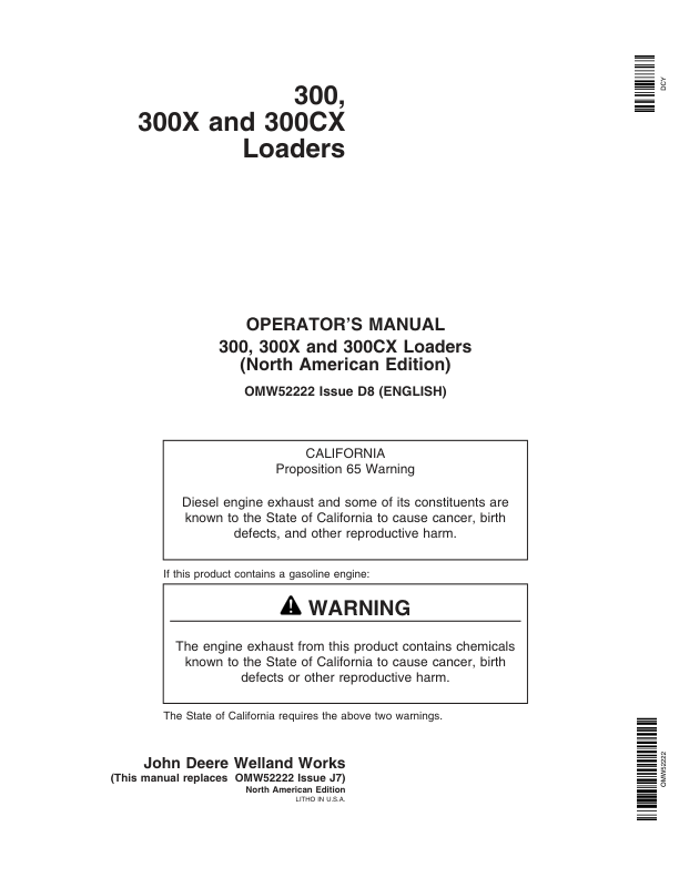 John Deere 300, 300X & 300CX Loaders Operator’s Manual (OMW52222) Workshop Guide