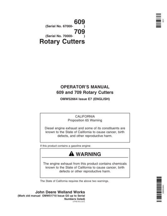 John Deere 609 & 709 Rotary Cutter Operator’s Manual (OMW52664) Workshop Guide