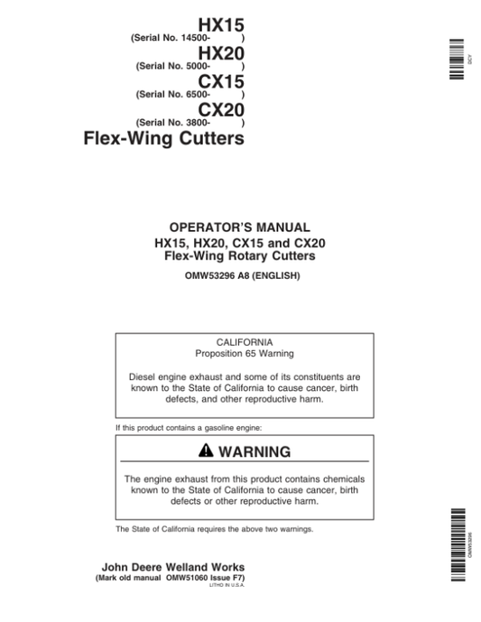 John Deere HX15, HX20, CX15 & CX20 Flex-Wing Rotary Cutters Operator’s Manual (OMW53296) Workshop Guide