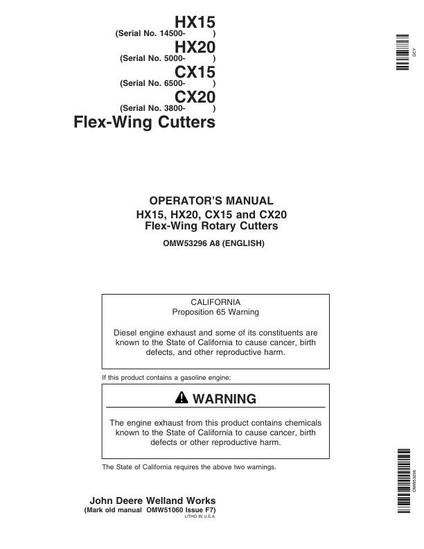 John Deere HX15, HX20, CX15 & CX20 Flex-Wing Rotary Cutters Operator’s Manual (OMW53296) Workshop Guide