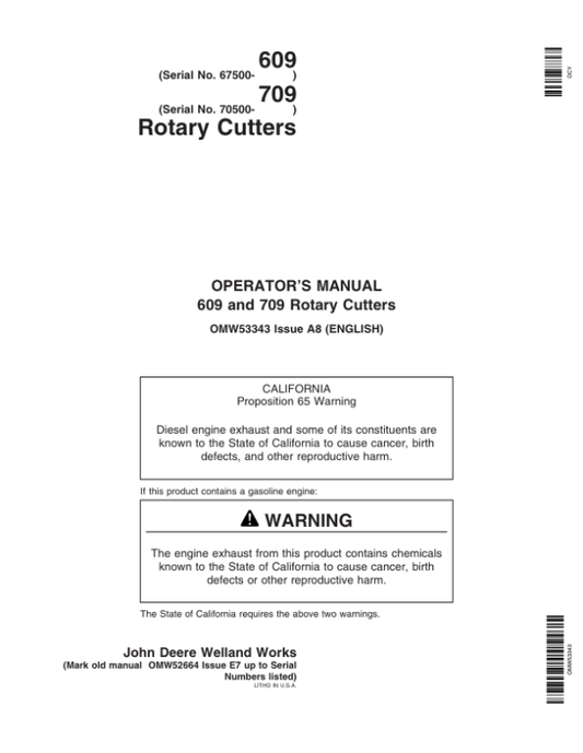 John Deere 609 & 709 Rotary Cutter Operator’s Manual (OMW53343) Workshop Guide