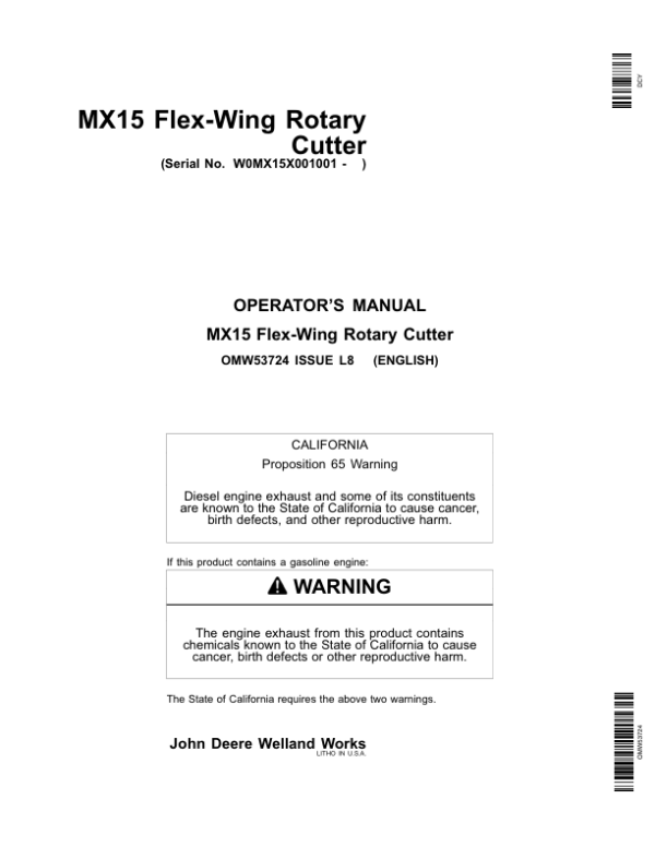 John Deere MX15 Flex-Wing Rotary Cutter Operator’s Manual (OMW53724) Workshop Guide