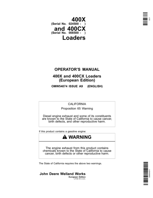 John Deere 400X & 400CX Loaders Operator’s Manual (OMW54074) Workshop Guide
