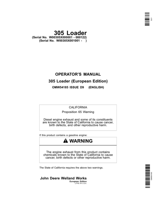 John Deere 305 Loader (000001-) (Europe) Operator’s Manual (OMW54185) Workshop Guide