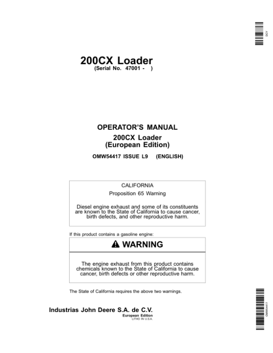 John Deere 200CX Loader Operator’s Manual (OMW54417) Workshop Guide
