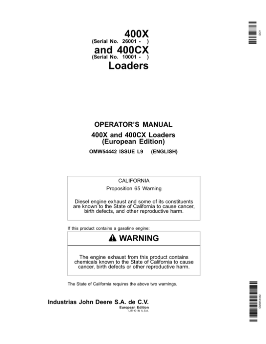 John Deere 400X & 400CX Loaders Operator’s Manual (OMW54442) Workshop Guide