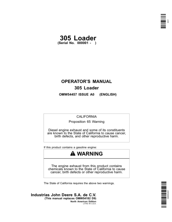 John Deere 305 Loader (000001-) (North America) Operator’s Manual (OMW54457) Workshop Guide