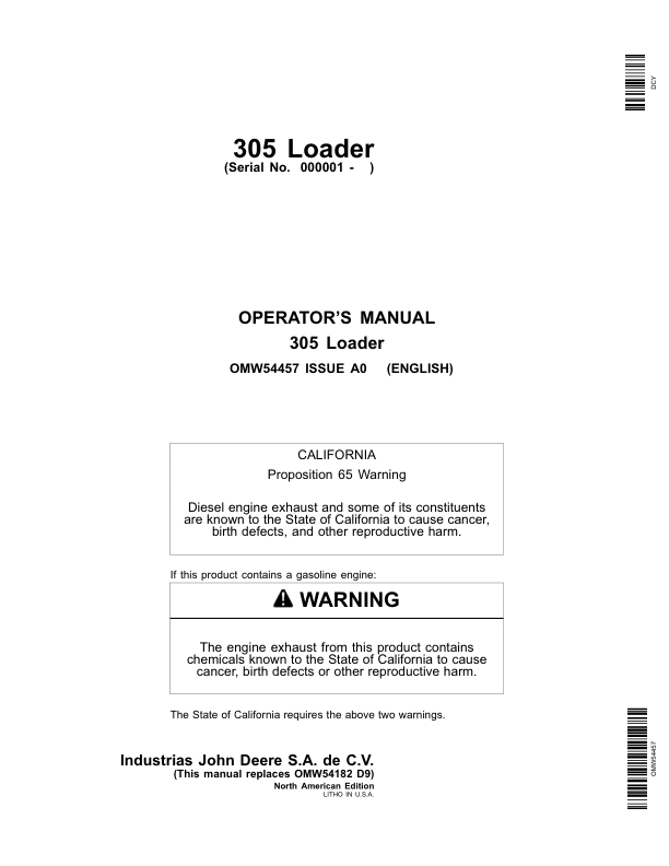 John Deere 305 Loader (000001-) (North America) Operator’s Manual (OMW54457) Workshop Guide