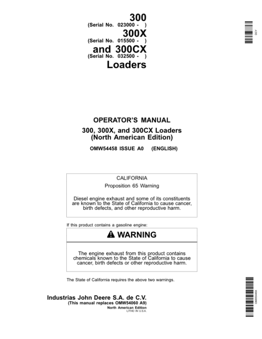 John Deere 300, 300X & 300CX Loaders Operator’s Manual (OMW54458) Workshop Guide