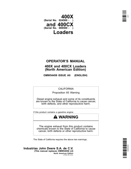 John Deere 400X & 400CX Loaders Operator’s Manual (OMW54459) Workshop Guide