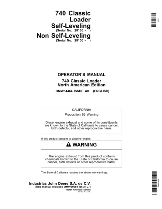 John Deere 740 Classic Loader Self-Leveling & Non Self-Leveling Operator’s Manual (OMW54464) Workshop Guide