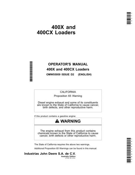 John Deere 400X & 400CX Loaders Operator’s Manual (OMW55959) Workshop Guide
