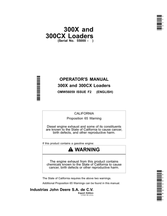 John Deere 300X & 300CX Loaders Operator’s Manual (OMW56059) Workshop Guide