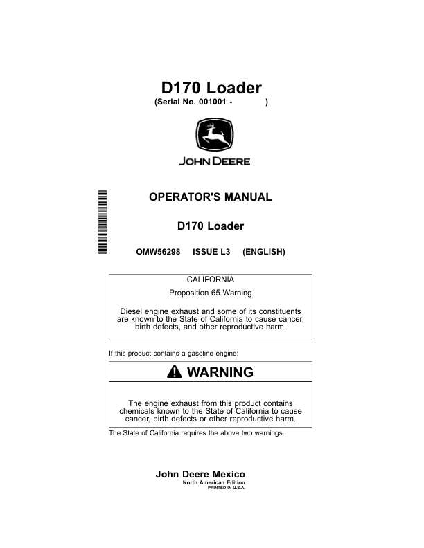 John Deere D170 Loader (001001-) (North America) Operator’s Manual (OMW56298) Workshop Guide