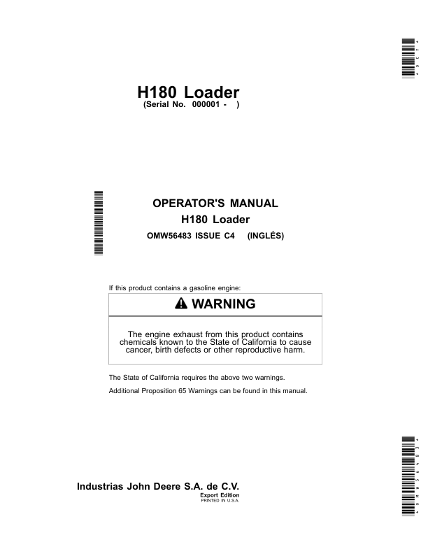 John Deere H180 Loader Operator’s Manual (OMW56483) Workshop Guide
