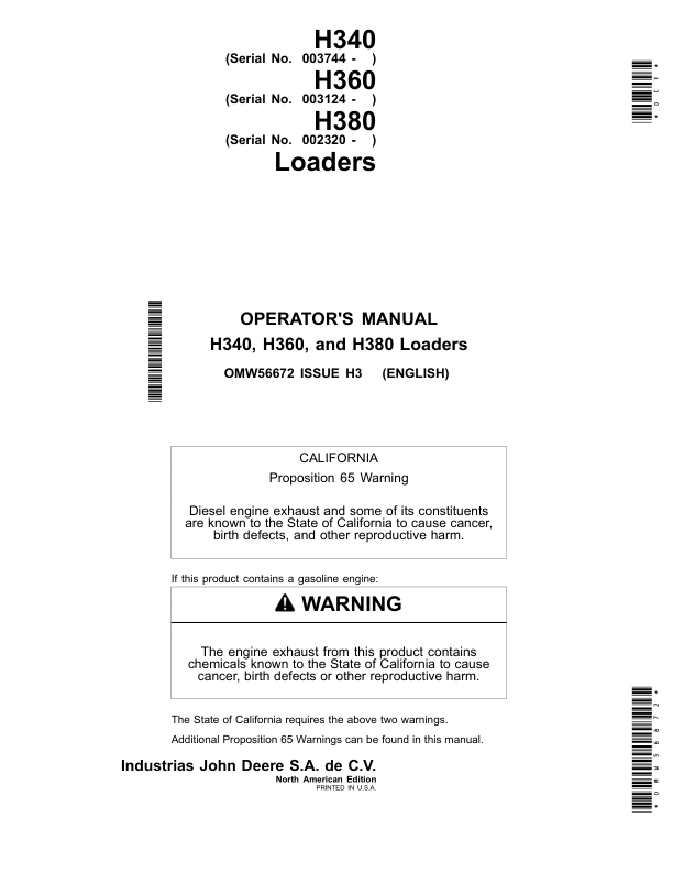 John Deere H360 Loaders (003124-) Operator’s Manual (OMW56672) Workshop Guide