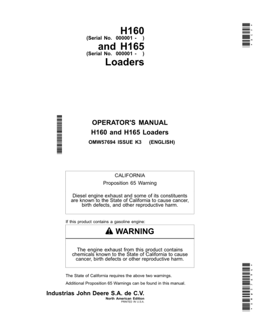 John Deere H160 & H165 Loaders Operator’s Manual (OMW57694) Workshop Guide
