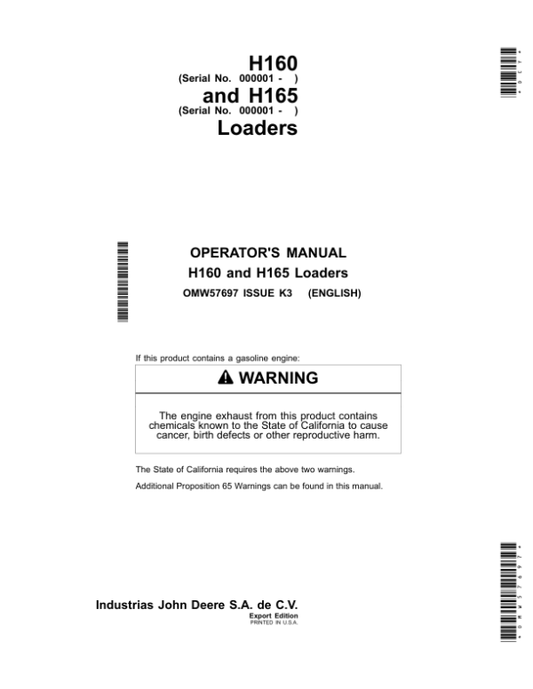 John Deere H160 & H165 Loaders Operator’s Manual (OMW57697) Workshop Guide