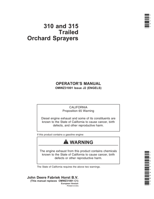 John Deere 310 & 315 Trailed Orchard Sprayers Operator’s Manual (OMWZ31001) Workshop Guide