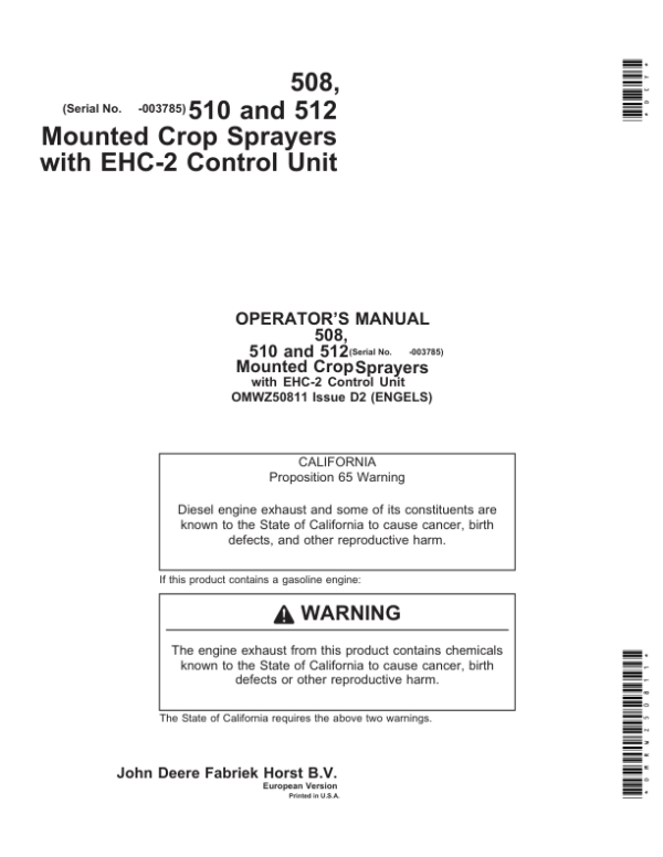 John Deere SPRAYER 508-512(EHC-2) ENGLISH Operator’s Manual (OMWZ50811) Workshop Guide