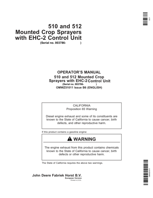 John Deere 508, 510, 512 Mounted Crop Sprayers with EHC-2 Control Unit Operator’s Manual (OMWZ51011) Workshop Guide