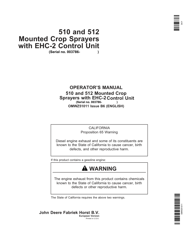 John Deere 508, 510, 512 Mounted Crop Sprayers with EHC-2 Control Unit Operator’s Manual (OMWZ51011) Workshop Guide
