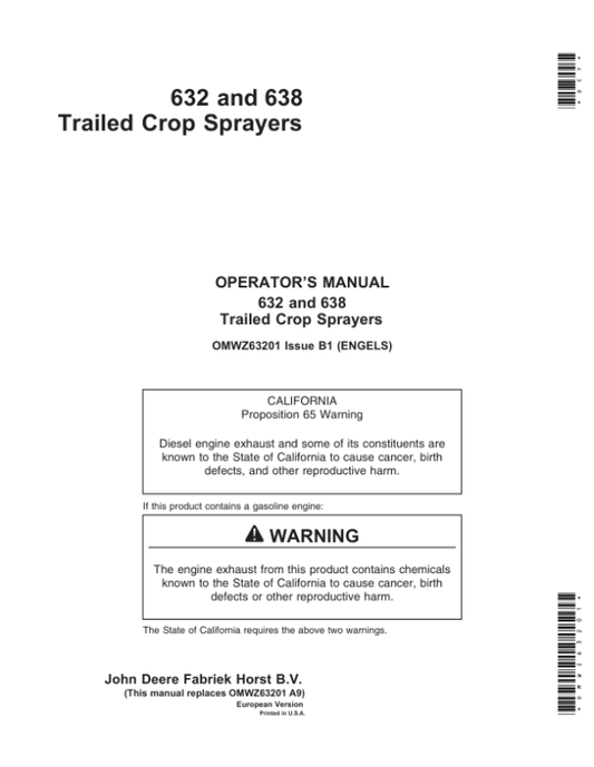 John Deere 632 & 638 Trailed Crop Sprayers Operator’s Manual (OMWZ63201) Workshop Guide