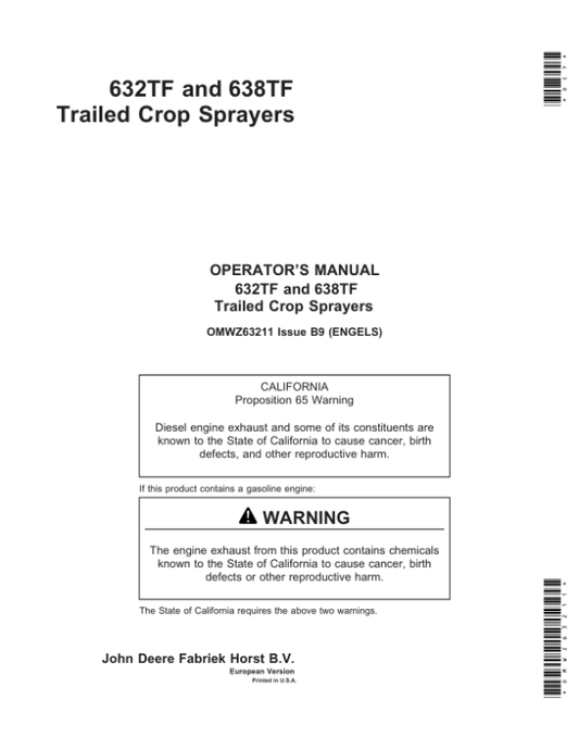 John Deere 632TF, 638TF Trailed Crop Sprayers Operator’s Manual (OMWZ63211) Workshop Guide