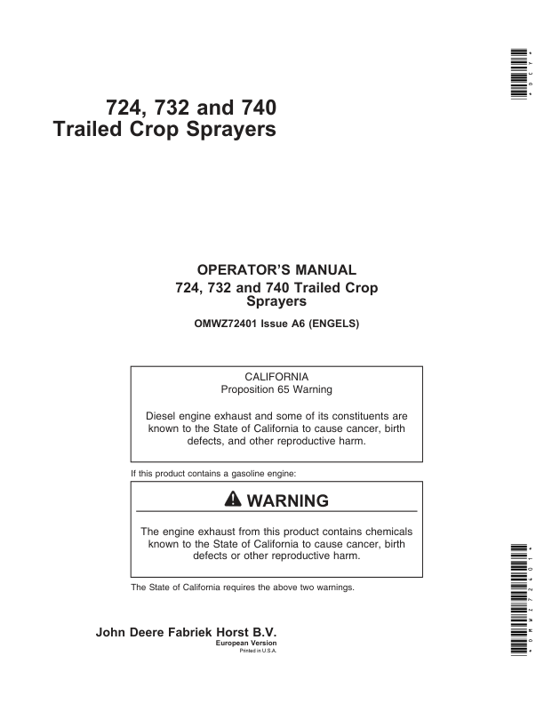 John Deere 724, 732 & 740 Trailed Crop Sprayers Operator’s Manual (OMWZ72401) Workshop Guide