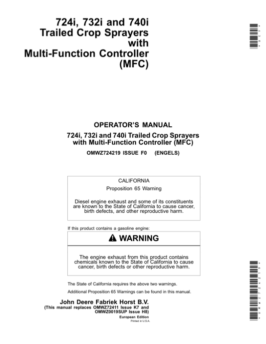 John Deere Masini de stropit tractate 724i, 732i si 740i cu maneta multifunctionala (MFC) Operator’s Manual (OMWZ724219) Workshop Guide