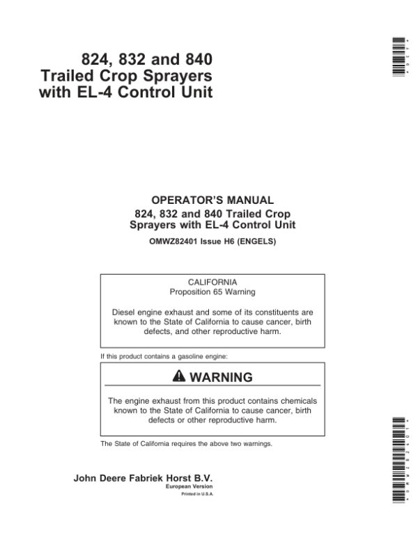 John Deere 824, 832 & 840 Trailed Crop Sprayers with EL-4 Control Unit Operator’s Manual (OMWZ82401) Workshop Guide