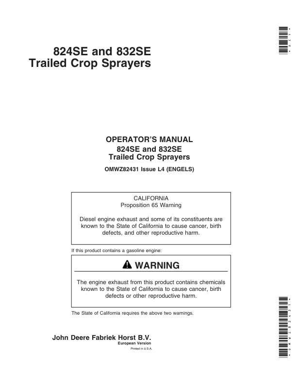 John Deere 824SE, 832SE Trailed Crop Sprayer Operator’s Manual (OMWZ82431) Workshop Guide
